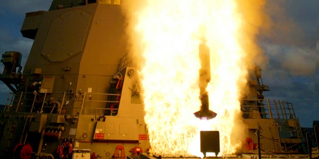 In an undated photo supplied by Lockheed Martin, an Aegis-equipped destroyer launches an intercept missile. The missile defense system is intended to intercept and destroy short- and medium-range ballistic missiles.