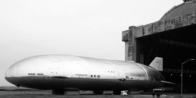 The Aeroscraft at its storage hangar at a Navy-operated facility in Southern California.