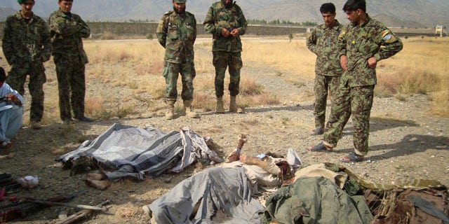 Nov 4: Afghan soldiers look over the bodies of Taliban militants killed by a coalition air strike in Khost, Afghanistan.