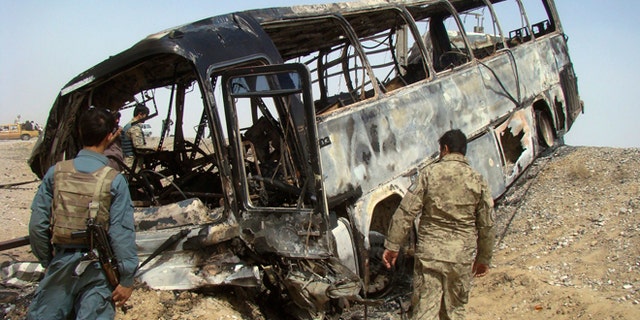 April 26: A bus near Helmand, Afghanistan, was attacked by Taliban insurgents, killing scores of people on the bus in a fiery crash.
