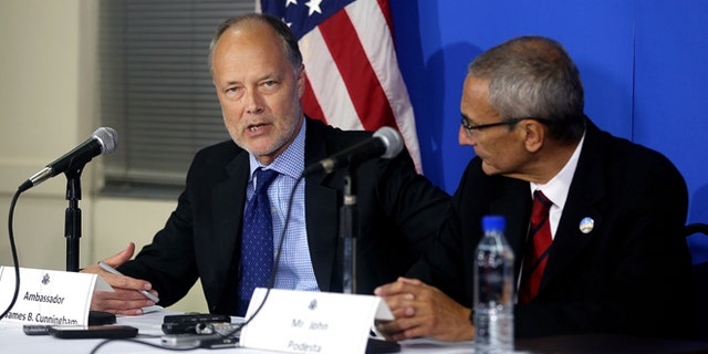 U.S. ambassador to Afghanistan James Cunnigham during a news conference at the U.S. embassy in Kabul, Afghanistan, Monday, Sept. 29, 2014.