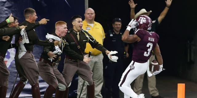Sep 5, 2015; Houston, TX, USA; Texas A&amp;M Aggies wide receiver Christian Kirk (3) salutes after returning a punt for a touchdown during the second quarter against the Arizona State Sun Devils at NRG Stadium. Mandatory Credit: Troy Taormina-USA TODAY Sports
