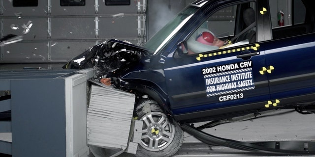 This undated photo provided by the Insurance Institute for Highway Safety shows a crash test of a 2002 Honda CR-V, one of the models subject to a recall to repair faulty air bags. In a letter delivered Thursday, Oct. 23, 2014, U.S. Senators Richard Blumenthal, D-Conn., and Ed Markey, D-Mass., are calling on regulators to issue a nationwide recall of cars with faulty air bags made by Takata Corp., questioning why automakers have been allowed to limit recalls to only certain locations with high humidity. (AP Photo/Insurance Institute for Highway Safety)