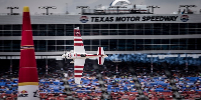 Paul Bonhomme of Britain performs during the finals for the sixth stage of the Red Bull Air Race World Championship at the Texas Motor Speedway in Fort Worth, Texas on Sept. 7.