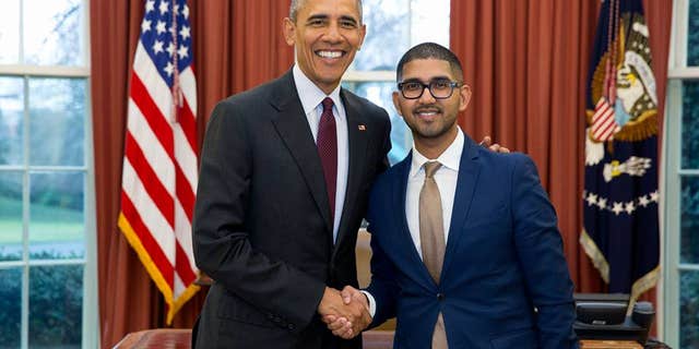 In an undated photo, Vikrum Aiyer, then chief of staff of the U.S. Patent and Trademark Office, poses with President Barack Obama.
