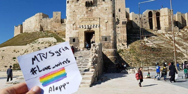 A supporter of MTV Syria - Love Wins is seen at the Citadel of Aleppo, a large medieval fortified palace in the center of the old city of Aleppo, northern Syria.