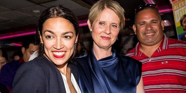Progressive challenger Alexandria Ocasio-Cortez (left) is joined by New York gubernatorial candidate Cynthia Nixon at her victory party in the Bronx after upsetting incumbent Democratic Rep. Joseph Crowley.