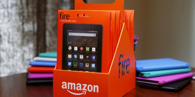 The new Amazon Fire tablet six pack is displayed during a media event introducing new Amazon products in San Francisco, Calif. Sept. 16, 2015.