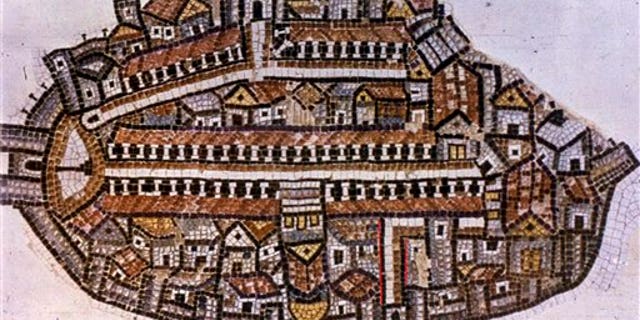 The Madaba map that was found in a Jordanian church is seen, with red marks placed in the area representing a recently excavated Byzantine street in Jerusalem's Old City.