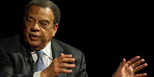 FILE - In this April 9, 2014, file photo, Andrew Young, former Congressman and United Nations Ambassador,  speaks during a discussion panel at the the Civil Rights Summit at the Lyndon Baines Johnson Library and Museum in Austin, Texas. (Rodolfo Gonzalez/Austin American-Statesman via AP, Pool, File)