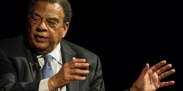 FILE - In this April 9, 2014, file photo, Andrew Young, former Congressman and United Nations Ambassador, speaks during a discussion panel at the the Civil Rights Summit at the Lyndon Baines Johnson Library and Museum in Austin, Texas. (Rodolfo Gonzalez/Austin American-Statesman via AP, Pool, File)