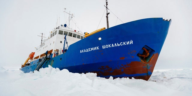 Dec. 27, 2013: In this image provided by Australasian Antarctic Expedition/Footloose Fotography the Russian ship MV Akademik Shokalskiy is trapped in thick Antarctic ice 1,500 nautical miles south of Hobart, Australia.