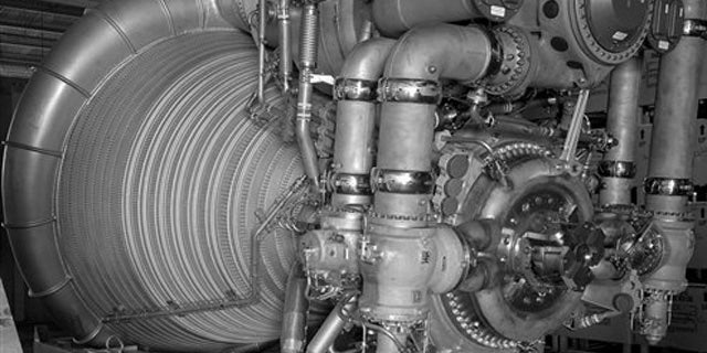 FILE: This 1963 photo provided by NASA shows an F-1 Engine for the Saturn V S-IC (first) stage at Marshall Space Flight Center in Huntsville, Ala.