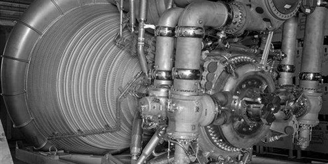 FILE: This 1963 photo provided by NASA shows an F-1 Engine for the Saturn V S-IC (first) stage at Marshall Space Flight Center in Huntsville, Ala.