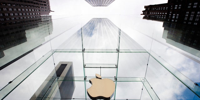 File photo - The Apple logo hangs in a glass enclosure above the 5th Ave Apple Store in New York, September 20, 2012.