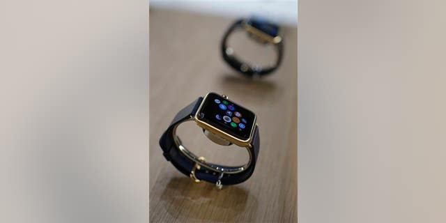 The Apple Watch is displayed on Tuesday in Cupertino, Calif.