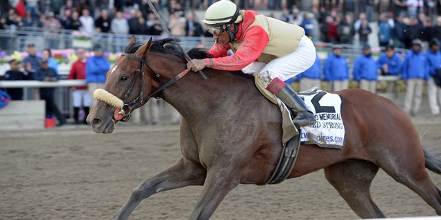 Wicked Strong, with Rajiv Maragh aboard, captures The Wood Memorial Stakes horse race Saturday, April 5, 2014.