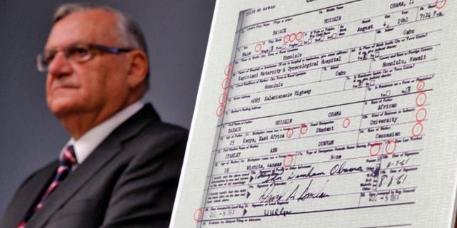 July 17, 2012: Maricopa County Sheriff Joe Arpaio announces in Phoenix that President Obama's birth certificate, as presented by the White House in April 2011, is a forgery based on an investigation by the Sheriff's office.