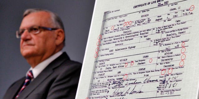 July 17, 2012: Maricopa County Sheriff Joe Arpaio announces in Phoenix that President Obama's birth certificate, as presented by the White House in April 2011, is a forgery based on an investigation by the Sheriff's office.