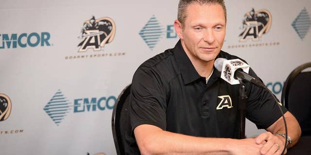 Army football head coach Jeff Monken speaks at a press coference on Tuesday, Oct. 28, 2014, in West Point, N.Y. Monken addressed his team's reported recruiting violations and the upcoming game against Air Force. (AP Photo/Steve Borland)