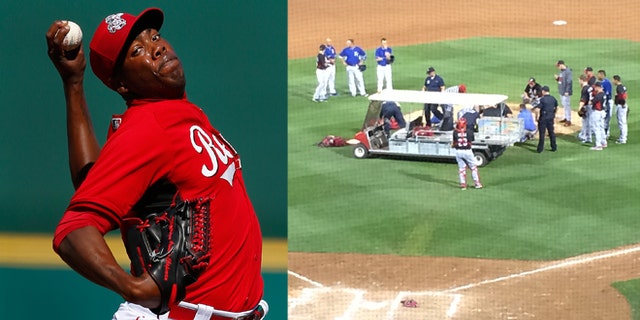 In this image (right) provided by Mark Sheldon Cincinnati Reds closer Aroldis Chapman is taken off the field after being hit by a line drive Wednesday night March 19, 2014, another frightening incident involving a pitcher being struck by a batted ball. Chapman broke bones above his left eye and nose. He is undergoing further testing at Banner Good Samaritan Medical Center, where he will spend the night for observation, according to a statement from the Reds.