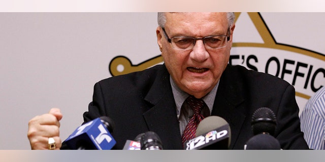 May 10, 2012: Maricopa County Sheriff Joe Arpaio, pounds his fist on the podium as he answers questions.