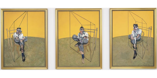 This undated photo provided by Christie's shows "Three Studies of Lucian Freud," a triptych by Francis Bacon of his friend and artist Lucian Freud. The painting was sold for $142.4 million to an unidentified buyer Tuesday, making it the most expensive painting ever sold at auction (AP Photo/Christie’s)