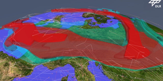 A simulation showing air traffic over Europe restricted by an ash cloud.
