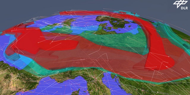 A simulation showing air traffic over Europe restricted by an ash cloud.