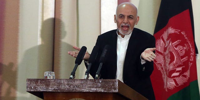 FILE: March 18, 2015: Afghanistan President Ashraf Ghani speaks at a military academy in Kabul, Afghanistan.
