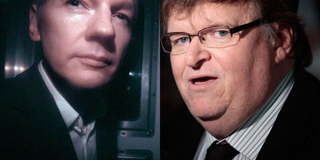 Julian Assange and filmmaker Michael Moore (AP/Reuters).