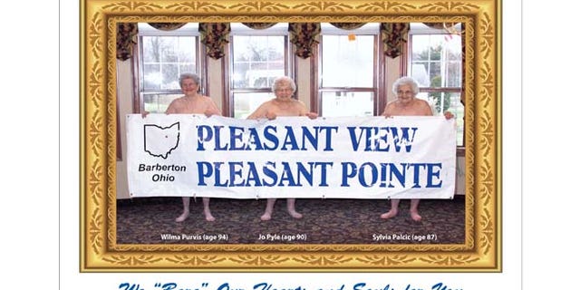 In this undated image provided by Pleasant Pointe Assisted Living, residents, from left, Wilma Purvis, 94, Jo Pyle, 90, and Sylvia Palcic, 87, pose for a photo that appears on the cover of the Barberton, Ohio facility's charity calendar.