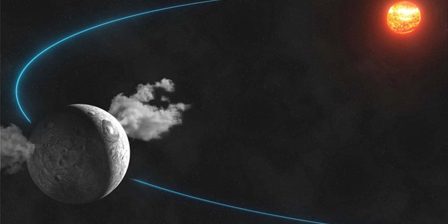 This artist rendering shows water plumes spewing from the surface of the dwarf planet Ceres. Scientists led by the European Space Agency observed the plumes and reported their findings in the Jan. 23, 2014 issue of the journal Nature.