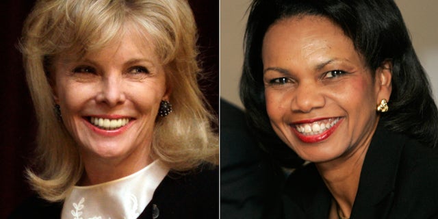 At left, in a March 24, 2011 file photo, Darla Moore speaks to students at the University of South Carolina in Columbia, S.C. At right, in a Jan. 24, 2008 file photo, U.S. Secretary of State Condoleeza Rice smiles during a meeting with trade union leaders in Medellin, Colombia.