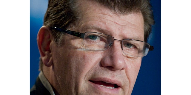 FILE - Connecticut head coach Geno Auriemma speaks during an NCAA women's college basketball news conference in Bridgeport, Conn.