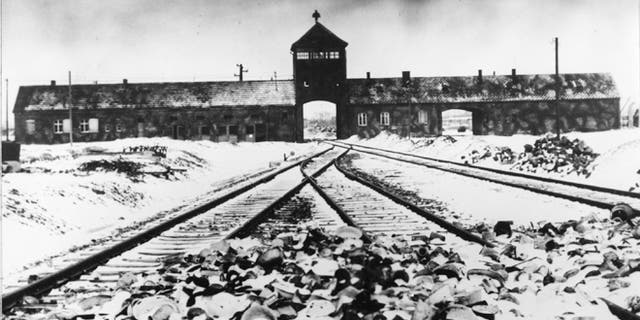 This January 1941 file photo shows entry to the concentration camp Auschwitz-Birkenau in Poland, with snow-covered railtracks leading to the camp. The Auschwitz-Birkenau camp was the largest camp where people were terminated during the fascist regime rule of dictator Adolf Hitler over Germany during World War II.