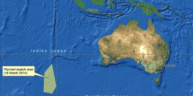 This graphic released by the Australian Maritime Safety Authority Tuesday, March 18, 2014 shows an area, left bottom, in the southern Indian Ocean that the Australian Maritime Safety Authority (AMSA) is concentrating its search for the missing Malaysia Airlines Flight MH370 on. Manager of AMSA response division John Young has identified their search will cover a massive 600,000-square kilometers (232,000-square miles) area, saying it will take weeks to search thoroughly. (AP Photo/The Australian Maritime Safety Authority)