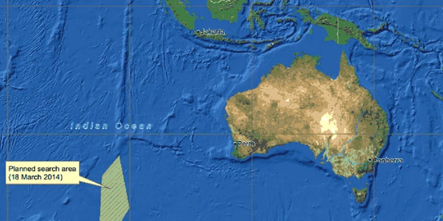 This graphic released by the Australian Maritime Safety Authority Tuesday, March 18, 2014 shows an area, left bottom, in the southern Indian Ocean that the Australian Maritime Safety Authority (AMSA) is concentrating its search for the missing Malaysia Airlines Flight MH370 on. Manager of AMSA response division John Young has identified their search will cover a massive 600,000-square kilometers (232,000-square miles) area, saying it will take weeks to search thoroughly. (AP Photo/The Australian Maritime Safety Authority)