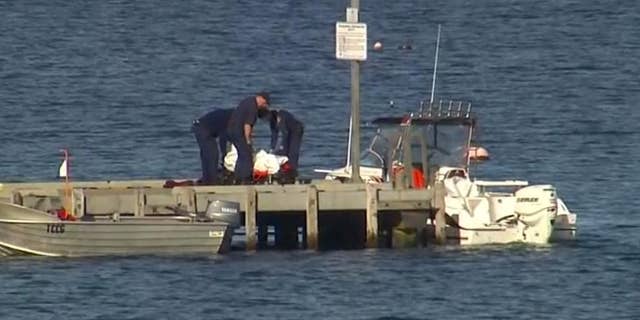 In this image taken from video, police carry a body in a bag and place it in on a stretcher on a jetty in Triabunna, off the Australian island state of Tasmania, on Saturday, July 25, 2015. A woman watched her father being mauled to death by a large shark on Saturday while the pair were diving, police said. (AuBC via AP)AUSTRALIA OUT