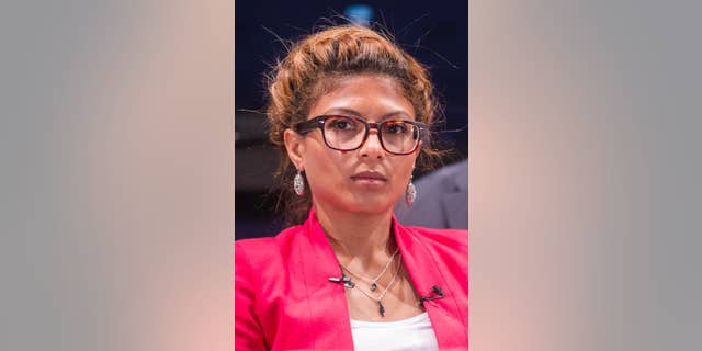 The May 29, 2015 photo shows Ensaf Haidar, wife of jailed blogger Raif Badawi as she attends a press conference organized by Reporter without Borders (RSF) and Amnesty International in Paris. Ensaf Haidar and a few dozen other demonstrators chanted "Stop torture!" and Free Raif!" in Tuesday's Oct. 6, 2015 protest in front of the Saudi embassy in Vienna, which was organized by Amnesty International. Haidar, who lives in Canada with the couple's three children, is on a European tour to push for the release of her husband. (AP Photo/Kamil Zihnioglu)