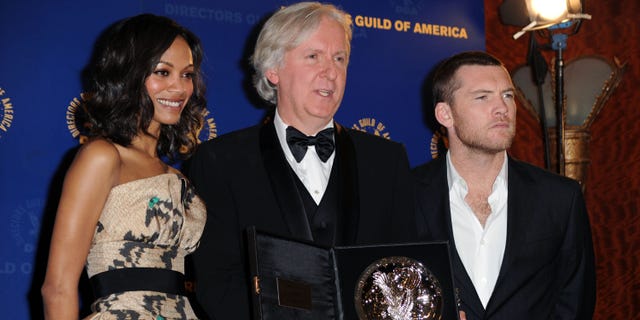 Zoe Saldana, James Cameron and Sam Worthington on January 30, 2010 in Century City, California.