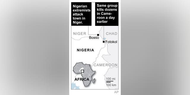 Map locates Bosso, Niger and Fotokol, Cameroon.; 1c x 3 inches; 46.5 mm x 76 mm;
