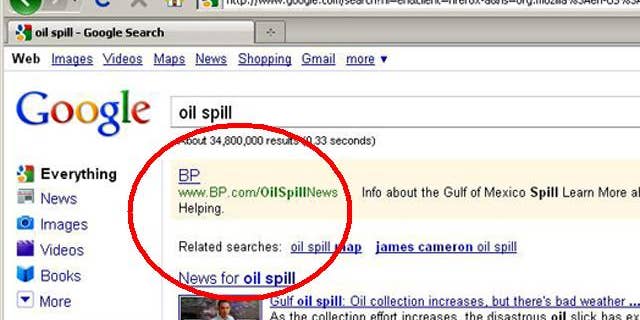 Search on Google for "oil spill" and you'll find sponsored ads from BP, which critics of the company are describing as unethical.