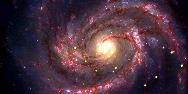 This composite image provided by NASA, taken by NASA's Chandra X-ray Observatory and other telescopes, shows a galaxy where a recent supernova probably resulted in a black hole in the bright white dot near the bottom-middle of the picture.