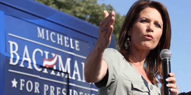 Presidential candidate Rep. Michele Bachmann R-Minn., speaks at a Tea Party Rally outside the Iowa State Capitol in Des Moines Saturday afternoon.