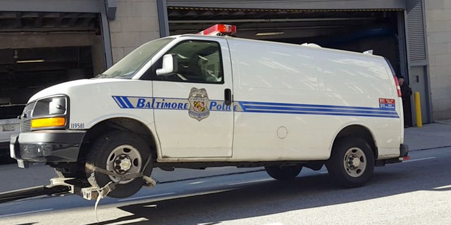 The Baltimore police van Freddie Gray was transported in the day of his arrest and injury is moved to the Courthouse East garage prior to being shown to jurors in the trial of officer William Porter.