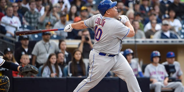 SAN DIEGO, CALIFORNIA - MAY 7: Bartolo Colon #40 of the New York Mets hits a two-home run during the second inning of a baseball game against the San Diego Padres at PETCO Park on May 7, 2016 in San Diego, California. (Photo by Denis Poroy/Getty Images)