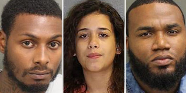 Mugshots for (l. to r.) Benjamin Bascom, 24, Melissa Roque, 21, and Kevin McFoley, 28
