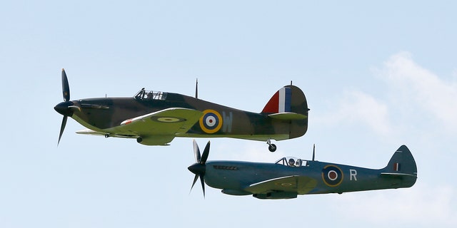 Battle of Britain aircraft fly during a display at Goodwood Aerodrome in West Sussex, England, Tuesday, Sept. 15, 2015.
