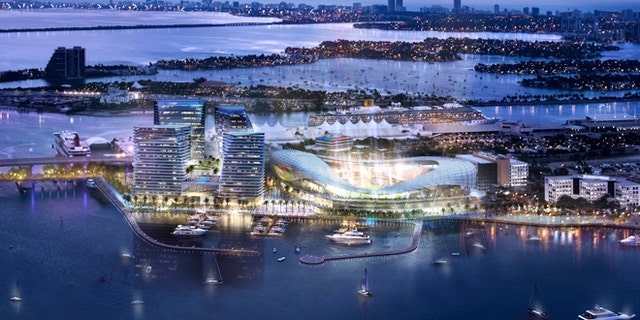 In this artist rendering provided by 360 Architecture and Arquitectonica on Monday, March 24, 2014, shows the proposed soccer stadium recommended for the Port of Miami, in Miami. David Beckham's architects have recommended the site for the Major League Soccer expansion team that will be owned by the former English national team captain. The plan announced Monday would have a 25,000-seat, open-air stadium with views of the bay and the downtown skyline. (AP Photo/360 Architecture and Arquitectonica)